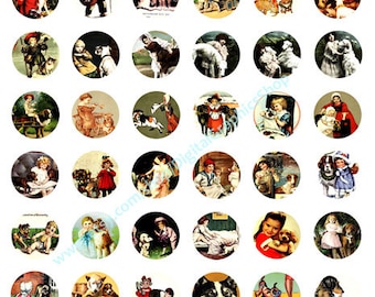 digital collage sheet 1 inch circles, people with puppy dogs, vintage art postcards dog clipart instant download bottle cap printables