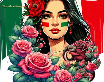 Mexican lady Mexico flag png clipart, latina woman roses snake png jpg printable COLOR ILLUSTRATION art digital download