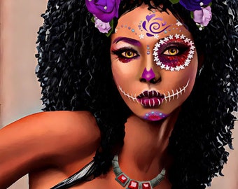 Beautiful day of the dead black african woman pinup girl art digital painting, digital print, instant download, printable wall art