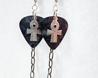 ankh cross charm black guitar pick earrings chain dangles bead drops handmade music jewelry