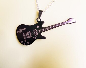 black guitar pendant necklace stainless steel charm chain necklace metal unisex music jewelry