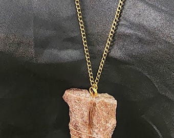wire wrapped arrow shaped stone necklace bronze gold chain rock pendant handmade boho natural jewelry