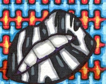 womens lips aceo art original drawing zebra abstract makeup mini artist card colorful