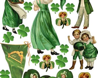 vintage Saint Patricks Day Irish postcard art printable collage sheet st pattys clipart digital prints leprechaun lady clovers children