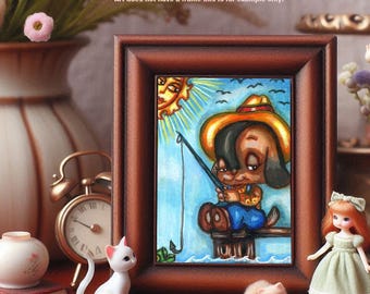 old country puppy dog FISHING aceo original art drawings animals art atc cards, miniature artwork