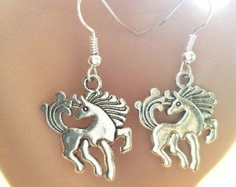 Unicorn horse earrings, silver charm earrings, dangles, fantasy animals, metal handmade jewelry