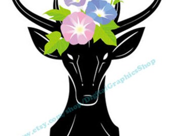 deer png, Buck SVG PNG, floral crown, jpg, printable art, deer silhouette, deer clipart, instant download, morning glory Hunting svg,