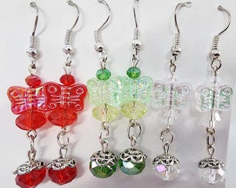 3 pr butterfly earrings lot bead drops dangles handmade jewelry red clear green