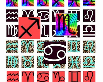 zodiac signs symbols art clipart set leopard rainbow red backgrounds digital download collage sheet 1" inch squares  printables diy jewelry