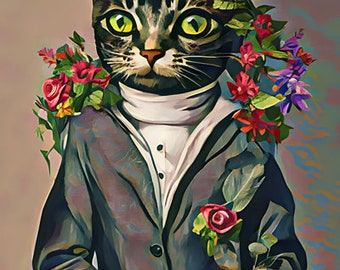 Dapper Cat In suit• animal Art• anthropomorphic art  • digital painting • red roses flowers • Instant Download • JPEG printable