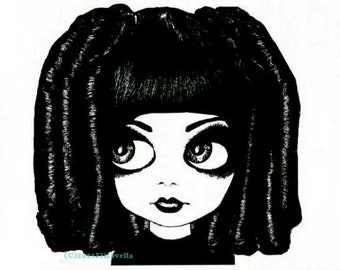 big eye gothic girl original art print ringlet curly hair big eyes modern art ink drawings black and white art 8" x 10"