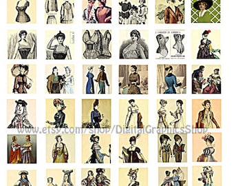 renaissance and victorian fashion, woman clipart, instant download, domino images, digital print, collage sheet, 1" inch sqaures printables