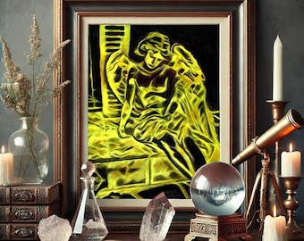 angel boy drawing ORIGINAL abstract drawing , pencils, markers, black and yellow fantasy, religious art, illustration,