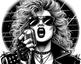 female 80s rock singer png jpg pdf musician printable music art rocker chick clipart digital print download