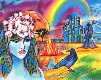 dont fear the reaper, abstract original art, surreal fantasy art, drawings, queen, rainbow, crow, castle, heaven, modern artwork