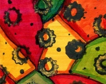 black gears colorful abstract aceo drawing atc original art card small artwork