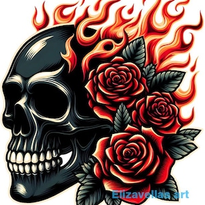 schwarzer Schädel mit Rosen und Flammen als Png-Overlay, Tag der Toten transparente Png jpg Clipart, Calavera Tattoo Kunst, digitaler Download zum ausdrucken
