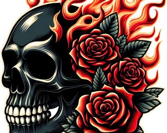 black skull with roses and flames png overlay , day of dead transparent png jpg clipart, Calavera tattoo art, digital download printable