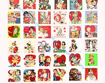 Vintage Valentines, children clipart, digital instant download, craft printables, 1 inch squares, collage sheet, images to print