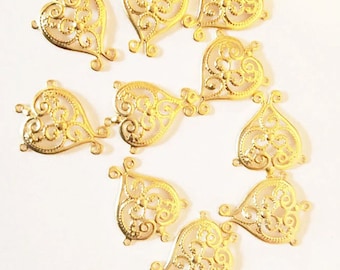 10 filigree heart charms gold plated metal 12mm x 15mm jewelry supply findings