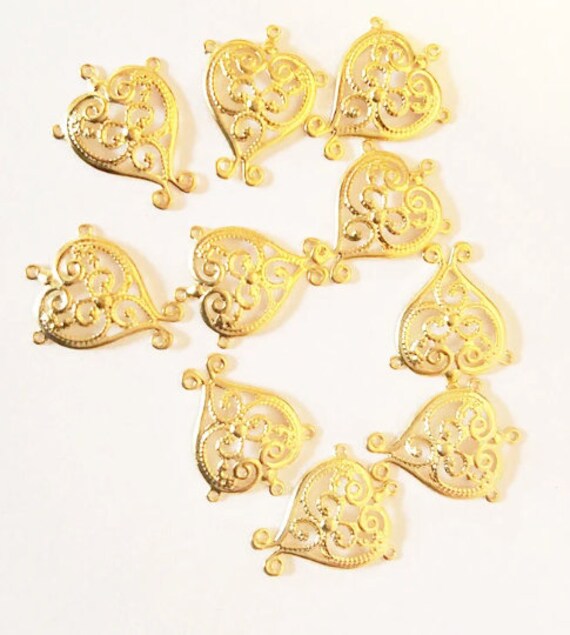 10 filigree heart charms gold plated metal 12mm x 15mm jewelry supply findings