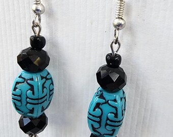 blue and black bead drop earrings, dangles,  handmade beaded boho jewelry