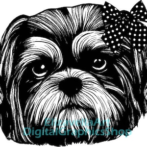 Perro Shih Tzu con lazo de lunares, cara de perro de pedigrí png, ilustración original clipart, impresión digital, descarga instantánea de arte imprimible