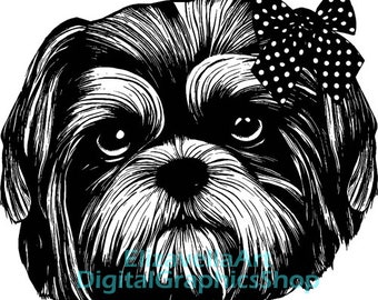 Shih Tzu dog with polka dot bow, pedigree dog face png, original illustration clipart, digital print, instant download printable art