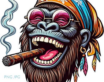 happy hippie gorilla smoking marijuana cigar png, jpg, animal clipart, color illustration printable art, digital instant download