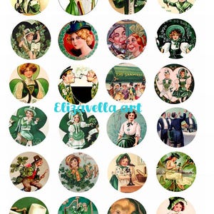 Hoja de collage del día de San Patricio, círculos de 1,5 pulgadas, imágenes prediseñadas del día de San Patricio, descarga digital, arte vintage imprimible