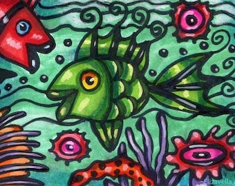 fish sealife original aceo art drawing mixed media animal hand drawn tiny artist card