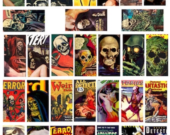 vintage horror art, skulls, skeletons, clipart, instant download, domino images, digital collage sheet, 1" x 2" inch printables