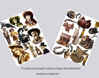 Cowboys cowgirls cut outs collage sheet digital download country western printable for scrapbooking and junk jounals