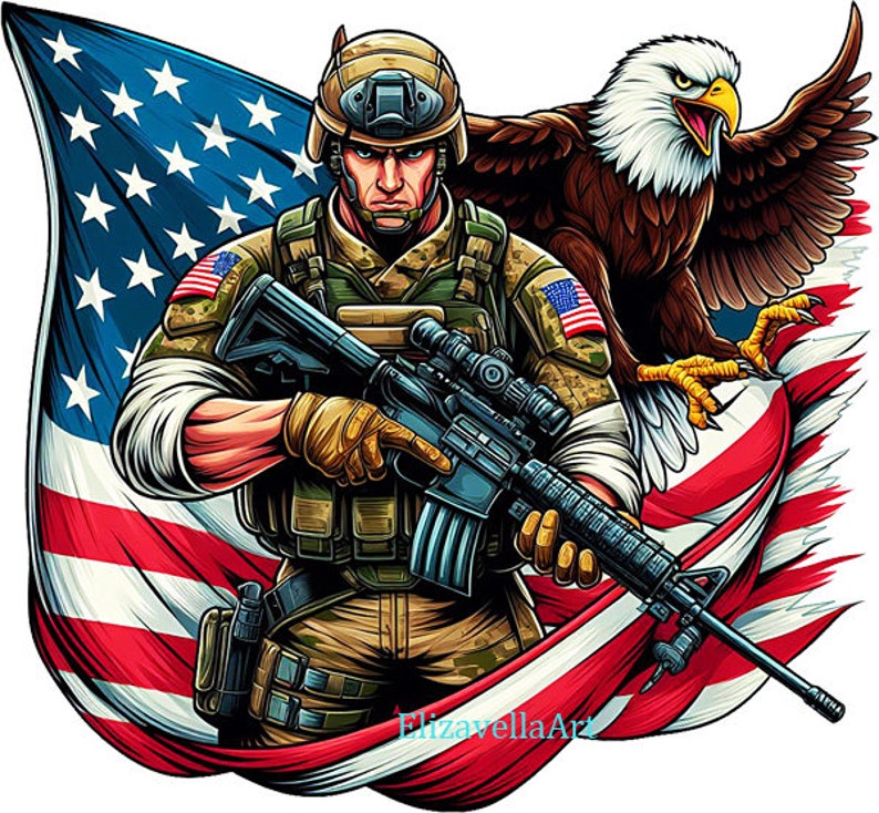 printable american soldier png, American bald eagle png, USA flag png patriotic art logo military vet clipart America Proud jpg download image 3
