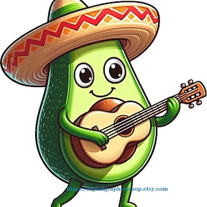 Avocado mit Sombrero-Hut Gitarre spielend png Clipart jpg Mexikanische Kunst Avocado-Kunst COLOR ILLUSTRATION Digitaldruck-Download