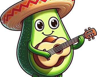 avocado wearing sombrero hat playing guitar png clipart jpg Mexican art avacado art COLOR ILLUSTRATION digital print download