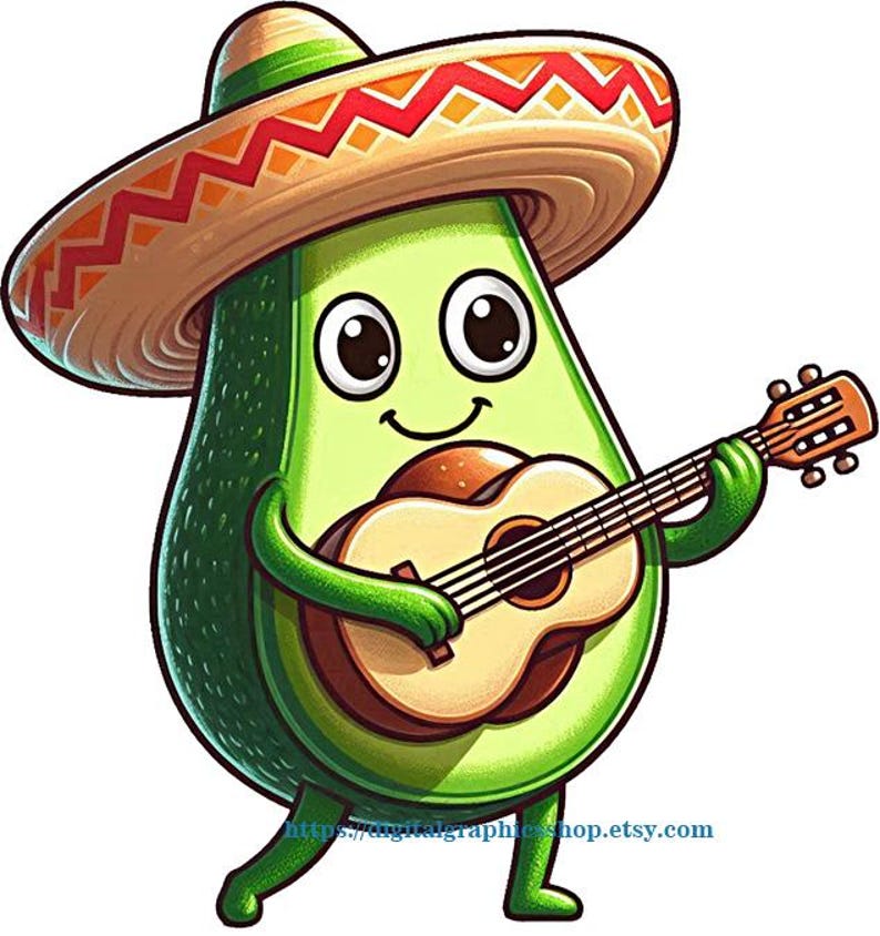 May include: A cartoon avocado character wearing a sombrero and playing a guitar. The avocado is green with a smiling face and large eyes. The sombrero is brown and orange with red zigzag patterns. The guitar is light brown with strings. The text https://www.digitalgraphicsshop.etsy.com is visible at the bottom.