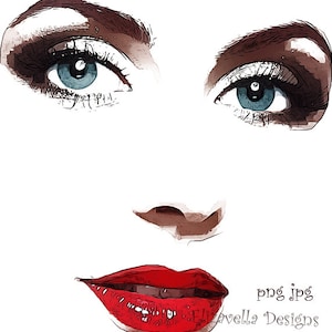 ojos azules y labios rojos cara de mujer png clipart, arte de maquillaje imprimible jpg, impresión digital, descarga instantánea, gráficos de belleza