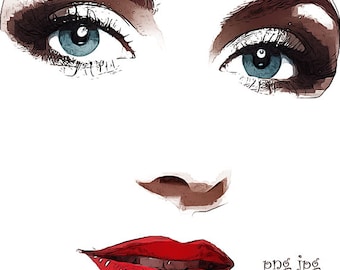 blue eyes & red lip womans face png clipart, jpg printable makeup art, digital print, instant download,  beauty graphics