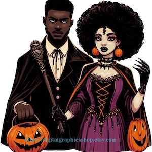 mooie zwarte Afrikaanse man vampier en heks vrouw halloween png clipart jpg, donkere kunst afdrukbare digitale download graphics