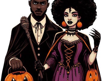 beautiful black African man vampire and Witch woman halloween png clipart jpg, dark art printable digital download graphics
