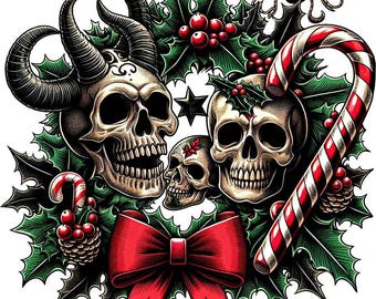 horned skull Holly Christmas wreath Halloween goth art png clipart jpg  COLOR ILLUSTRATION art digital print download