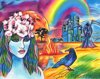 surreal fantasy art the reaper spirit woman abstract original drawings rainbow colors