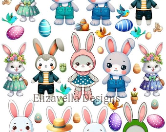 cute bunny rabbits paper dolls animal paper doll collage sheet clipart png jpg printable art instant digital download