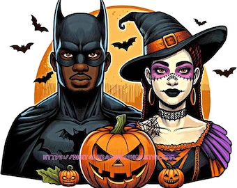 black bat man vampire and day of the dead Witch woman halloween png clipart jpg, dark art printable digital download graphics