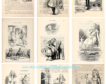 Vintage alices adventures in wonderland book art clipart 2.5" x 3.5" digital collage sheet, aceos, tags, lables printable, instant download