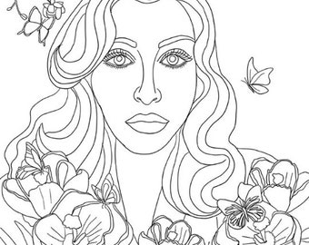 Woman with Spring flowers portrait coloring page for adults, JPG PDF Printable,  Instant download, digital line Art drawing