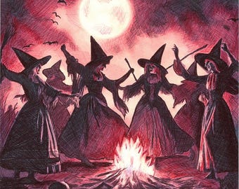 coven of witches dancing by fire ink drawing, original dark art , pen drawing, Goth dark fantasy art Elizavella