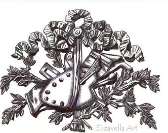 Still life ORIGINAL ART DRAWING paint palette ribbon objects pen ink  8.5" x 11" artist tools baroque leaves artwork Elizavella