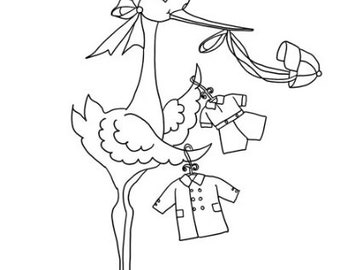 Stork Bird with baby boy clothes Coloring page adults and kids JPG PDF Printable, Digital Instant download, Nursery room decor Art,